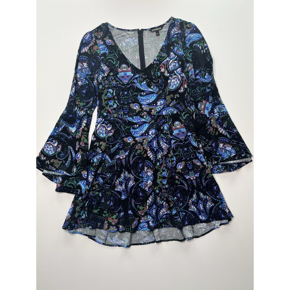 Express bell flare sleeve blue floral paisley mini dress 8